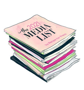 2021 Media List by Recipe for Press. Colorful stack of books illustration.