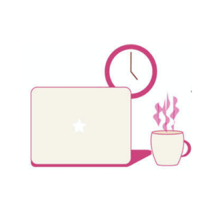 Illustration of laptop, mug and clock