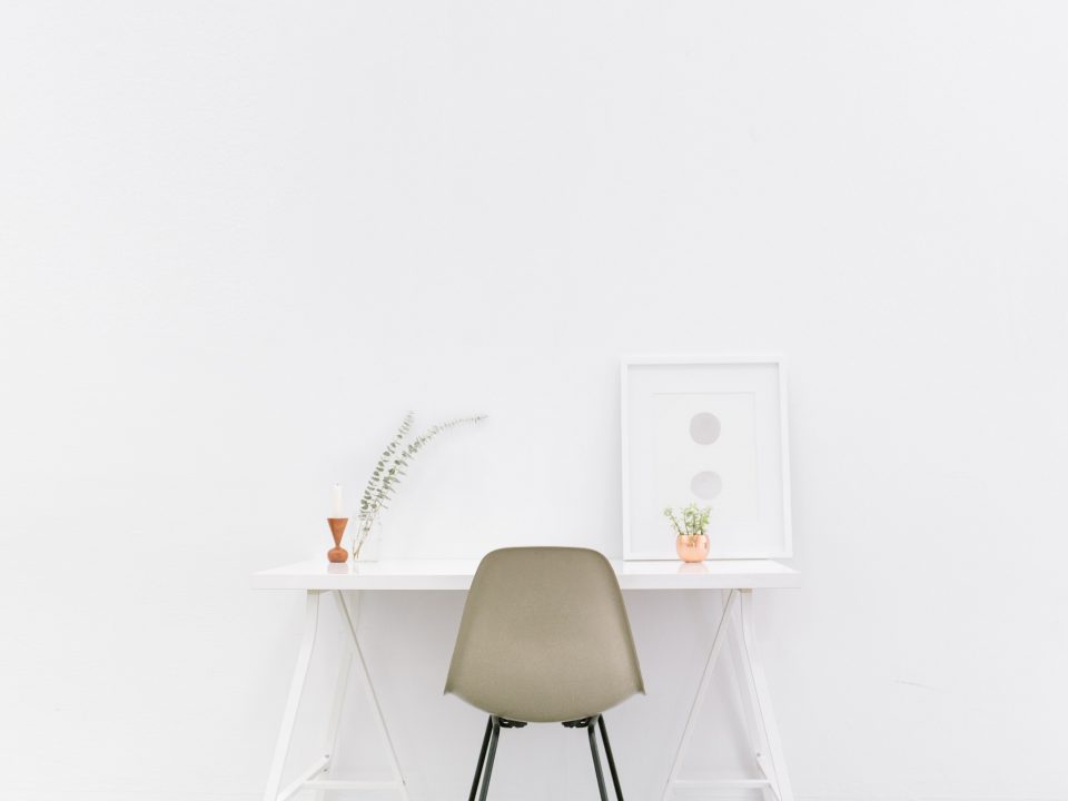 White background with desk and chair