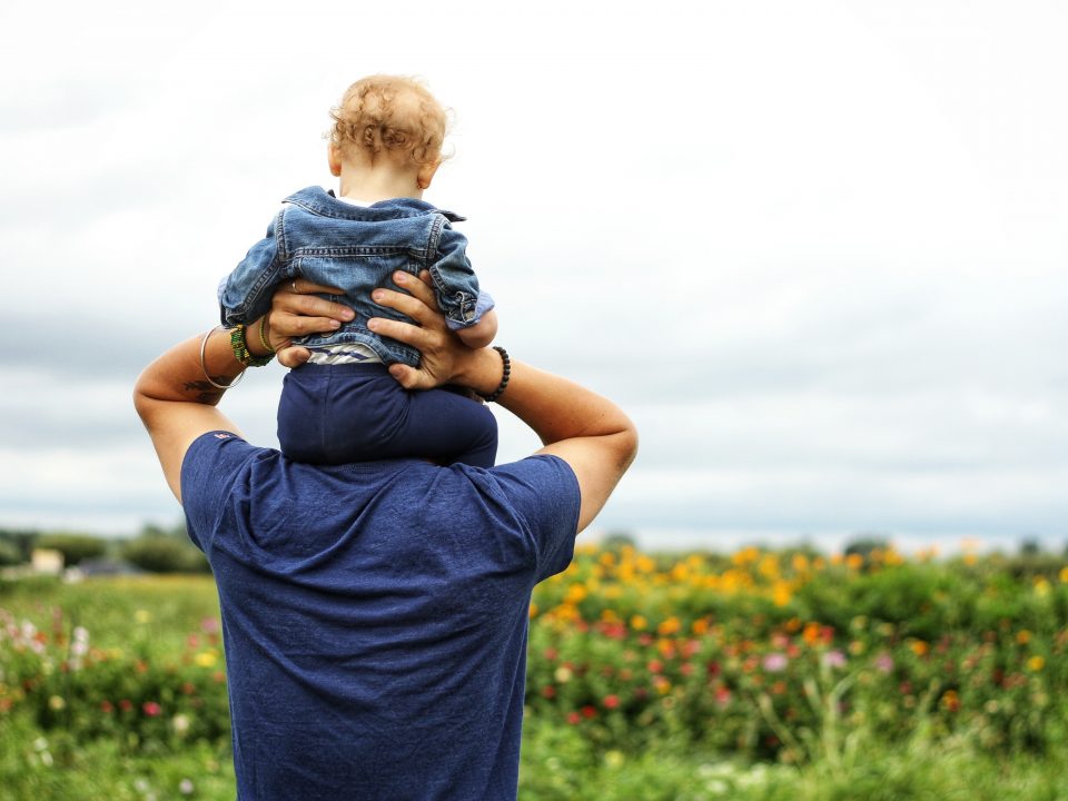 Father holding his kid on his shoulders in a green field.